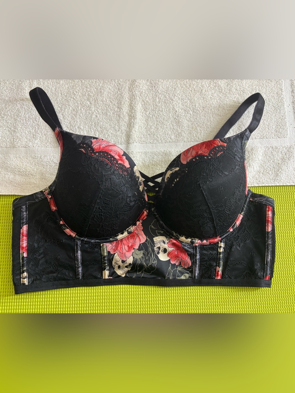 torrid Black Bustier Bra with Red Floral & Cream Skull Print